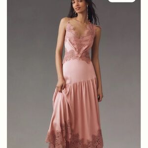 Anthropologie Dusty Pink Lace-Trim Slip Dress